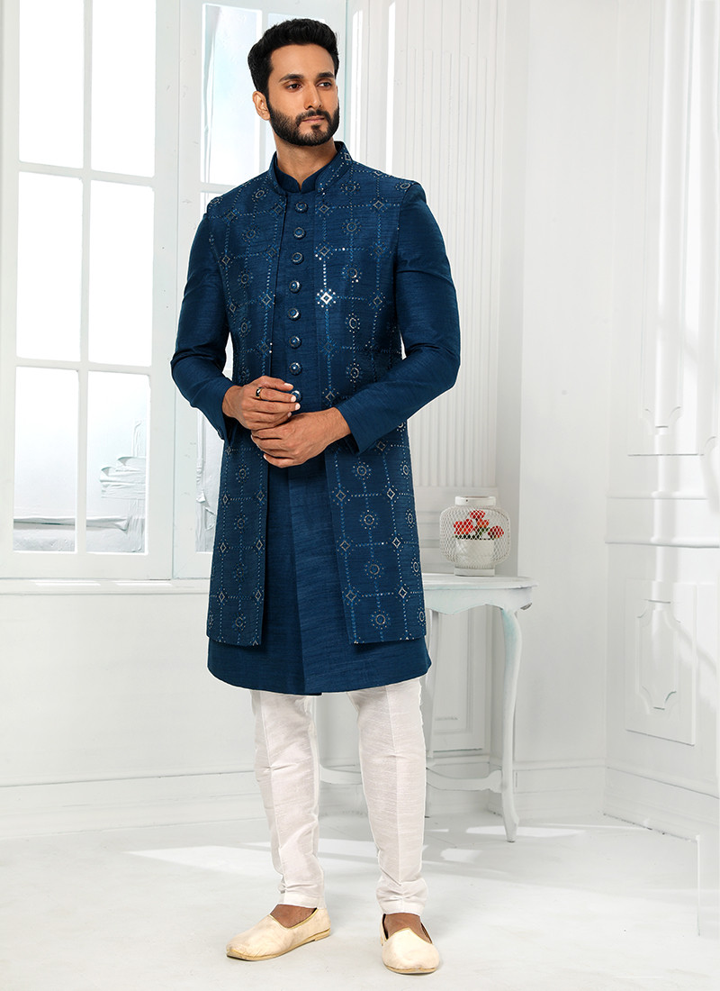 Jacquard Silk Indo Western Sherwani In Crystal Teal Blue