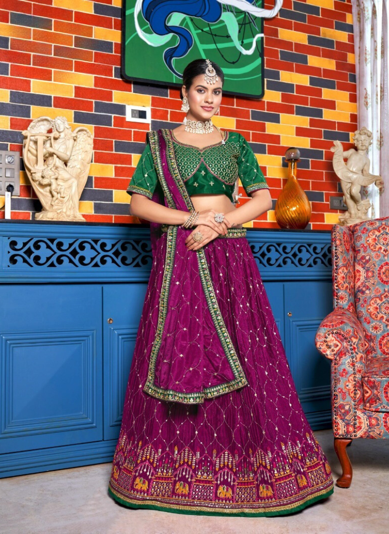 Embroidered Chinon Lehenga In Magenta And Green