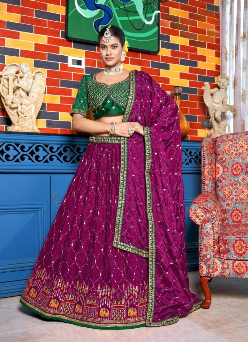 Embroidered Chinon Lehenga In Magenta And Green