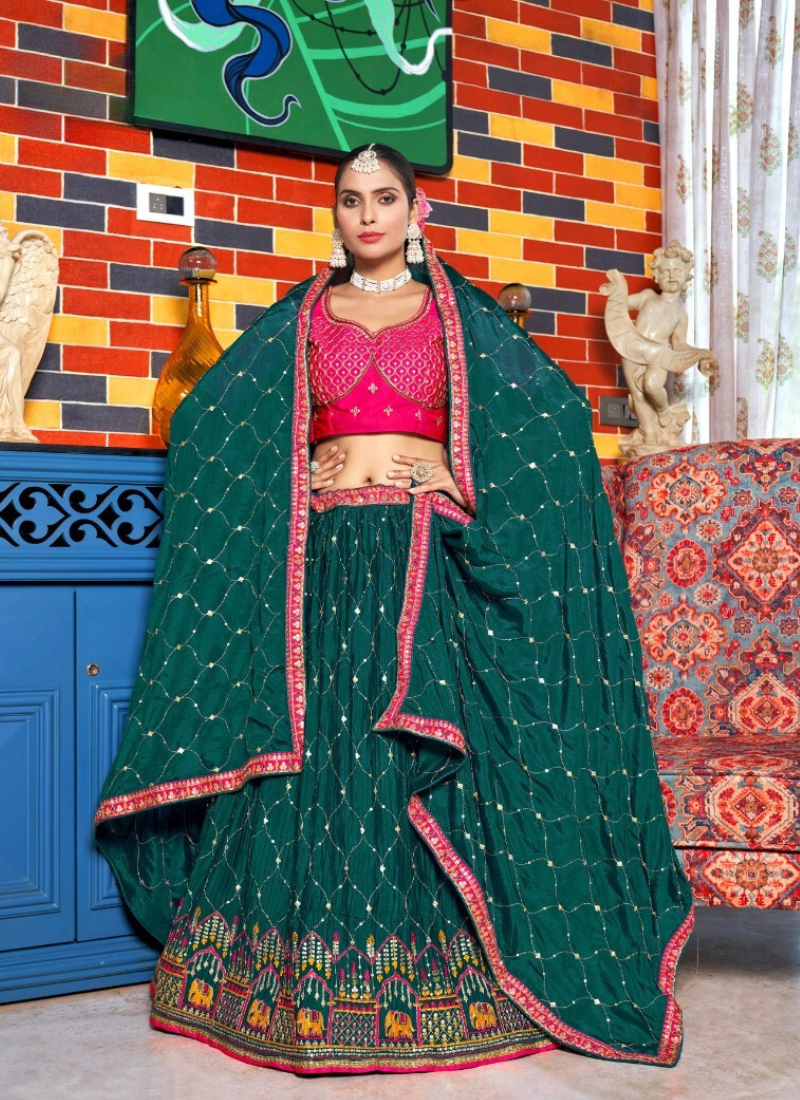 Embroidered Chinon  Lehenga In Green And Pink