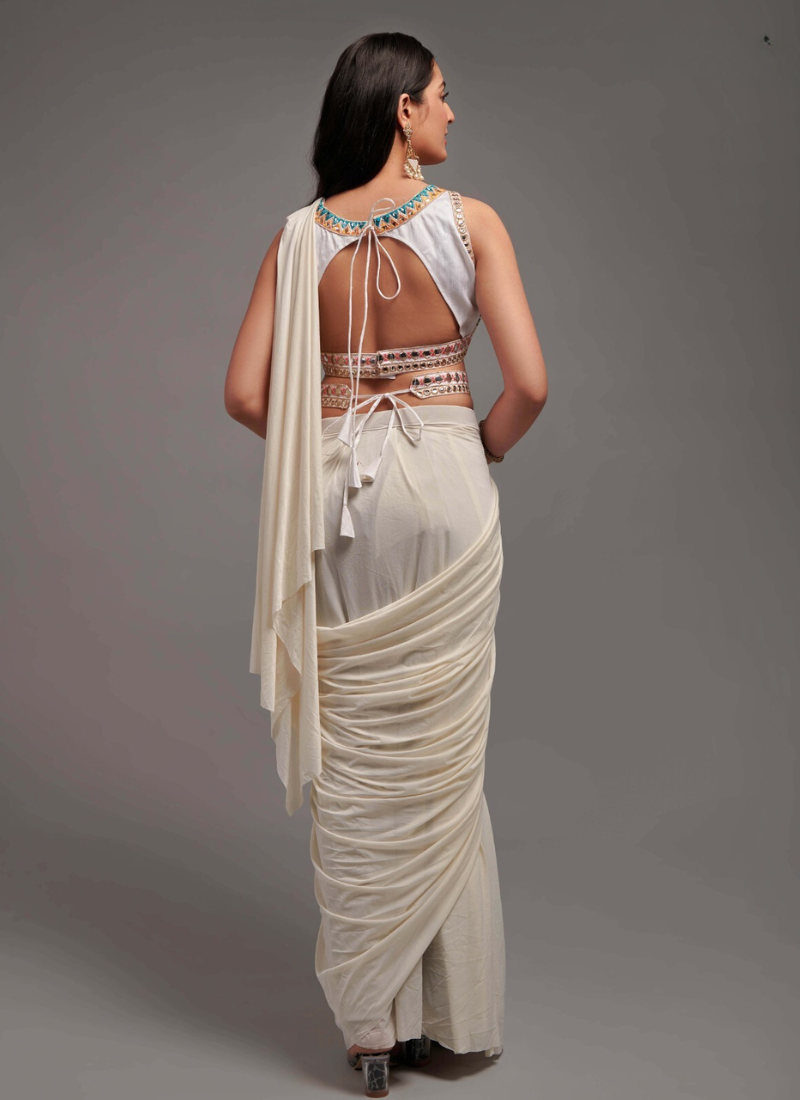 Malai Lycra Ready To Wear Saree In Off White