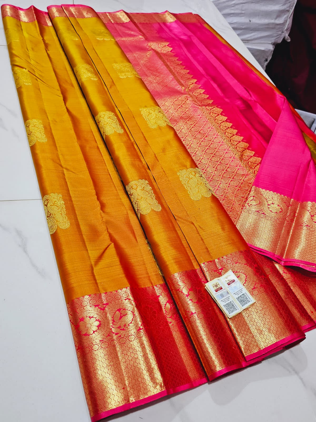 Kanchipuram Pure Handloom Silk Saree In Mustard Yellow