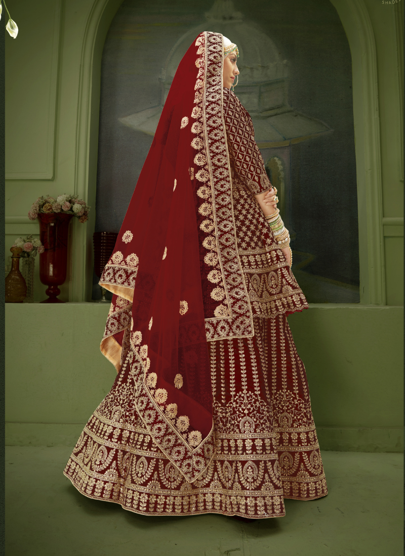 Embroidered Velvet Bridal Lehenga In Maroon