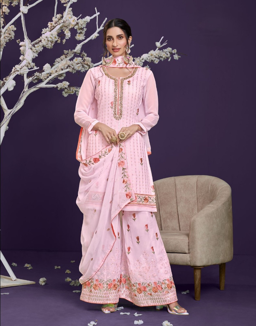 Thread And Sequins Work Georgette Sharara Set In Pink