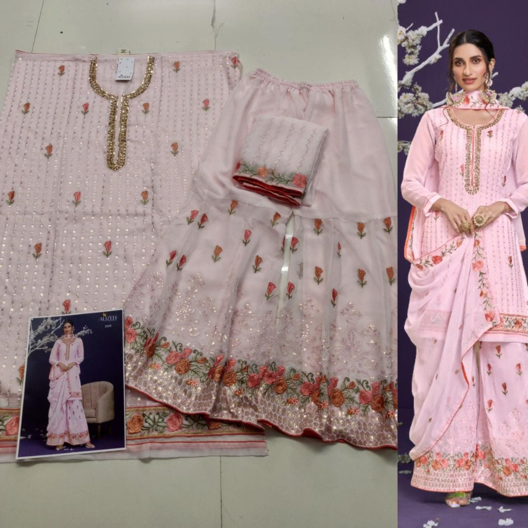 Thread And Sequins Work Georgette Sharara Set In Pink