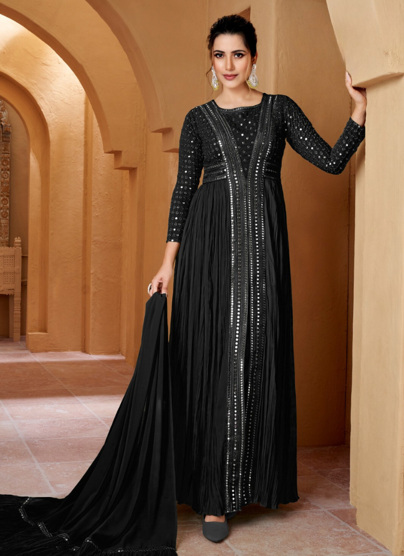 Lucknowi  Style Center Slit Party Wear Dress With Mirror Work In Black