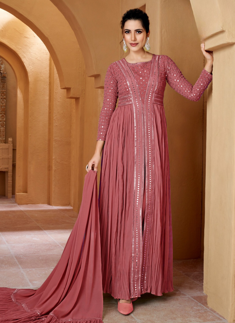 Lucknowi  Style Center Slit Party Wear Dress With Mirror Work In Peach