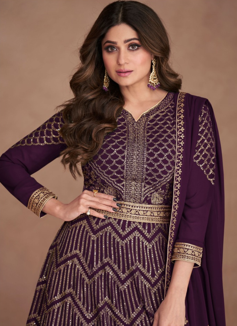 Embroidered Real Georgette Abaya Style Suit In Purple