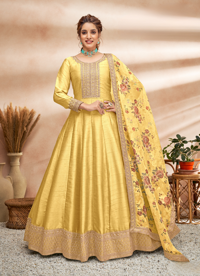 Embroidered Art Silk Abaya Style Suit in Yellow