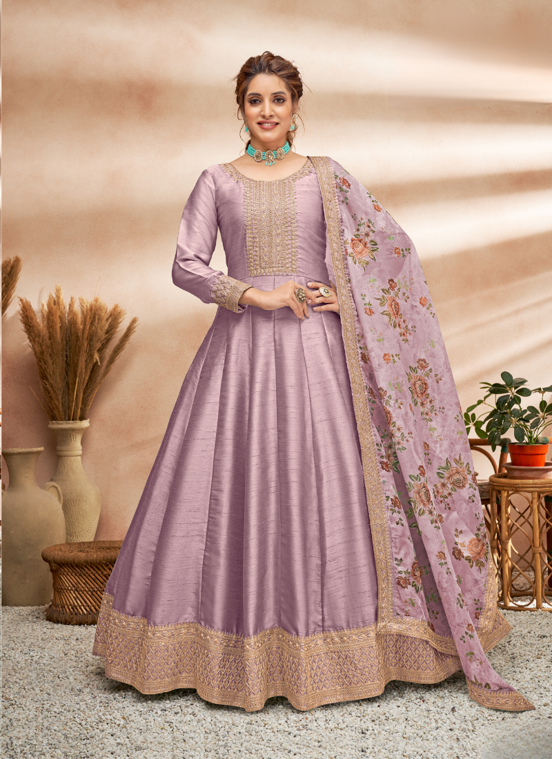 Embroidered Art Silk Abaya Style Suit in Lavender
