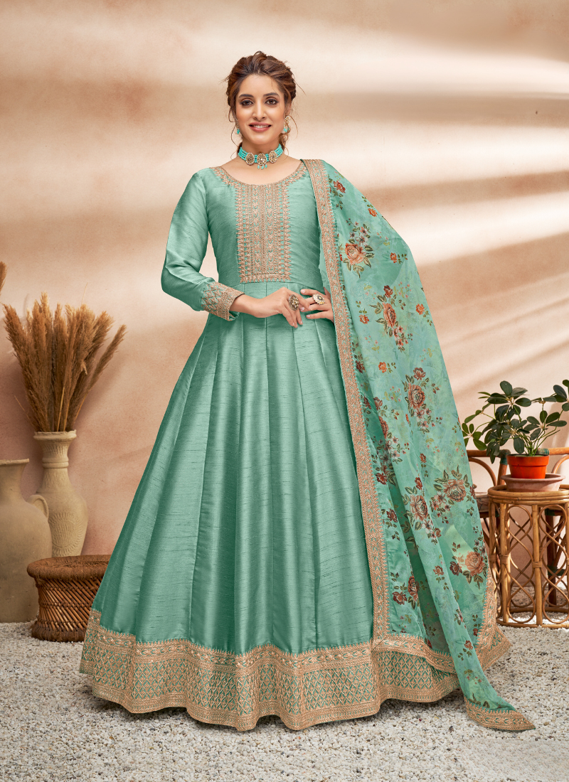 Embroidered Art Silk Abaya Style Suit in Sky blue