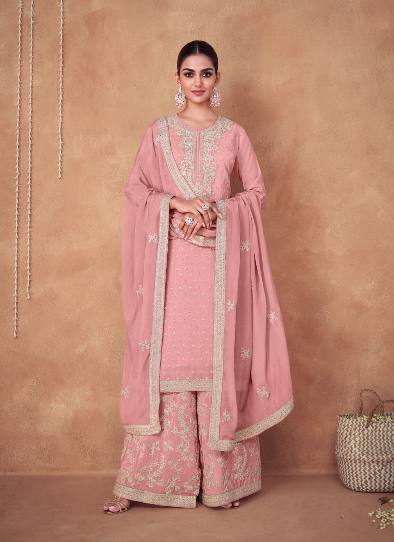 Embroidered Real Chinon Straight Suit Set in Pink