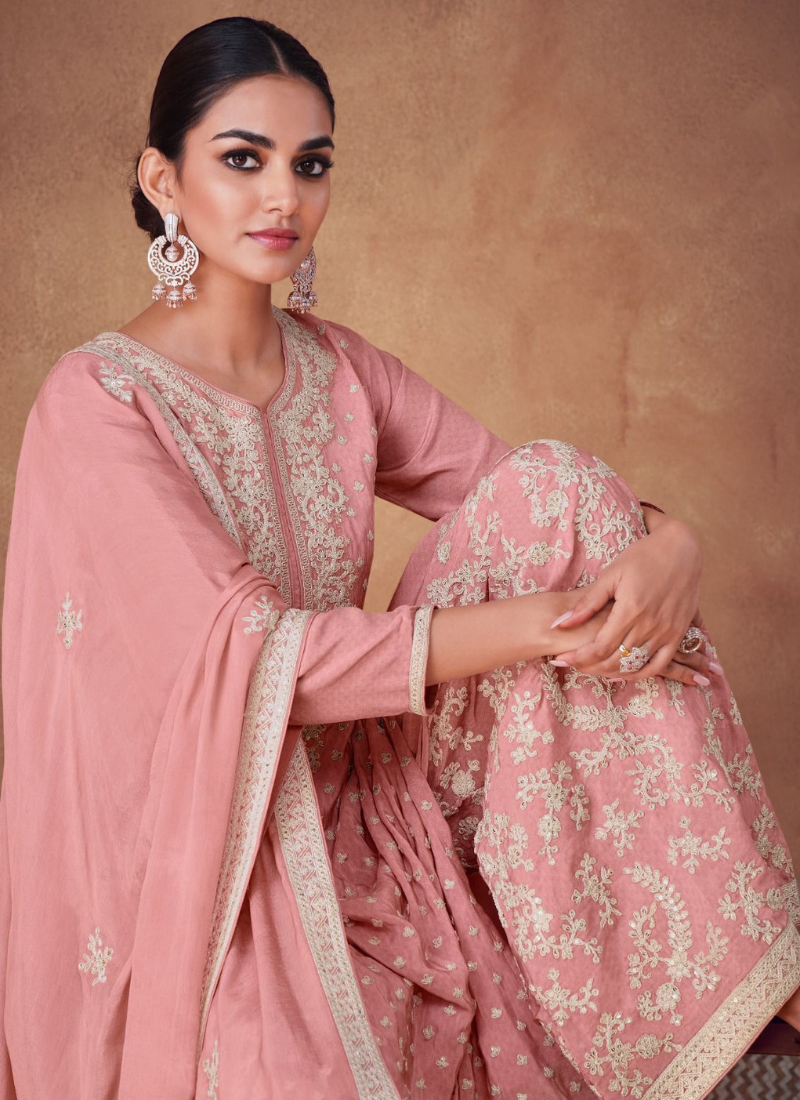 Embroidered Real Chinon Straight Suit Set in Pink