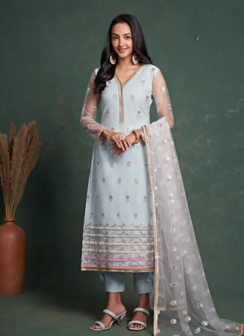Embroidered American Crepe Straight Suit Set in Blue