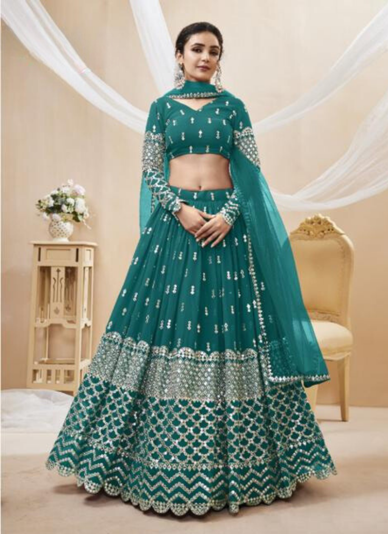 Embroidered Georgette Lehenga In Green