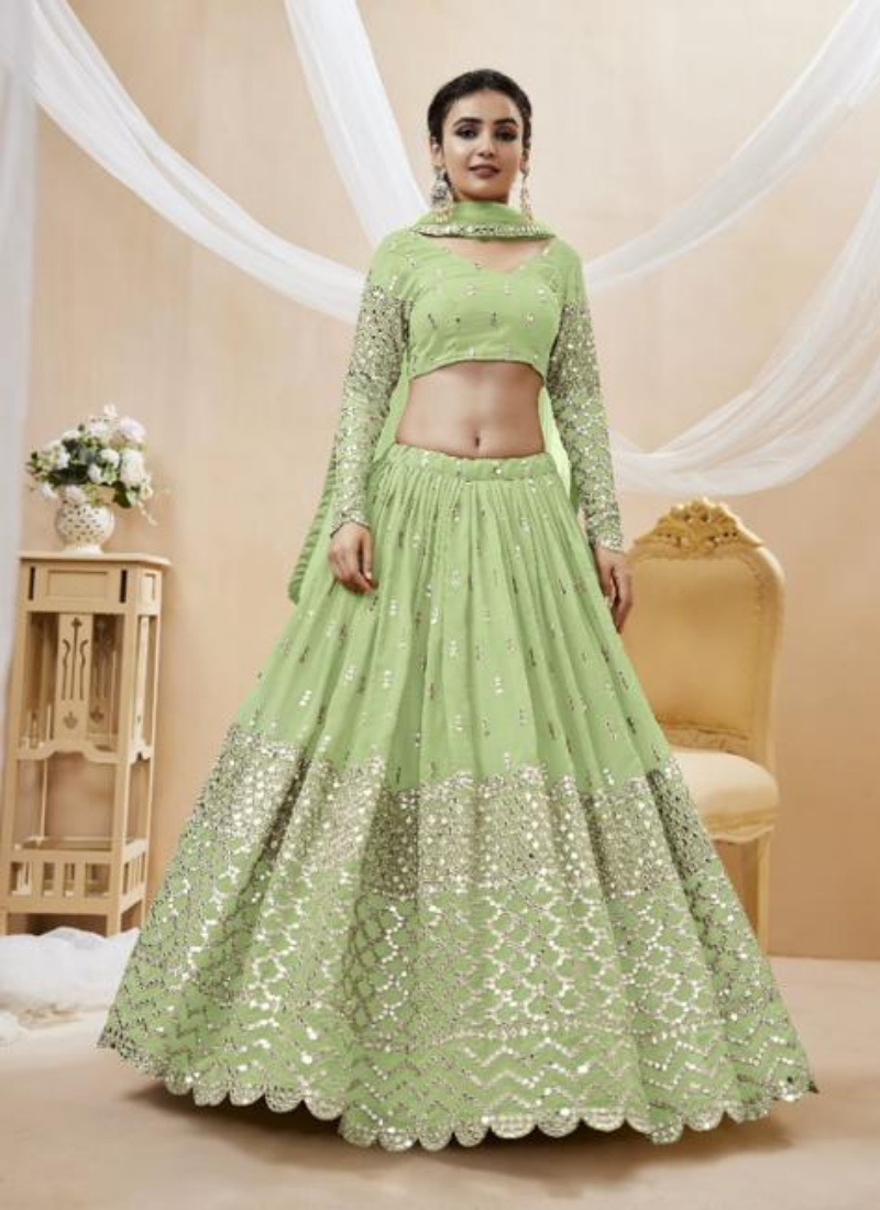 Embroidered Georgette Lehenga In Pastel Green