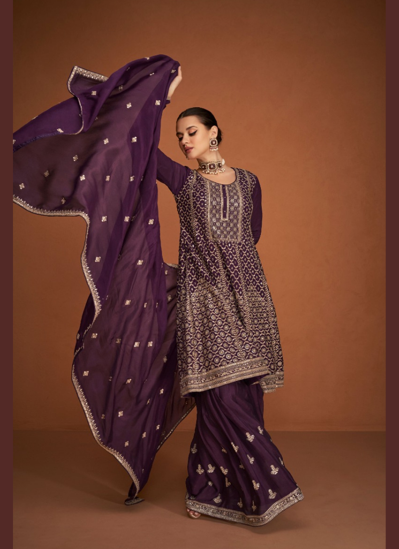 Embroidered Chinon Silk Straight Suit Set In Purple