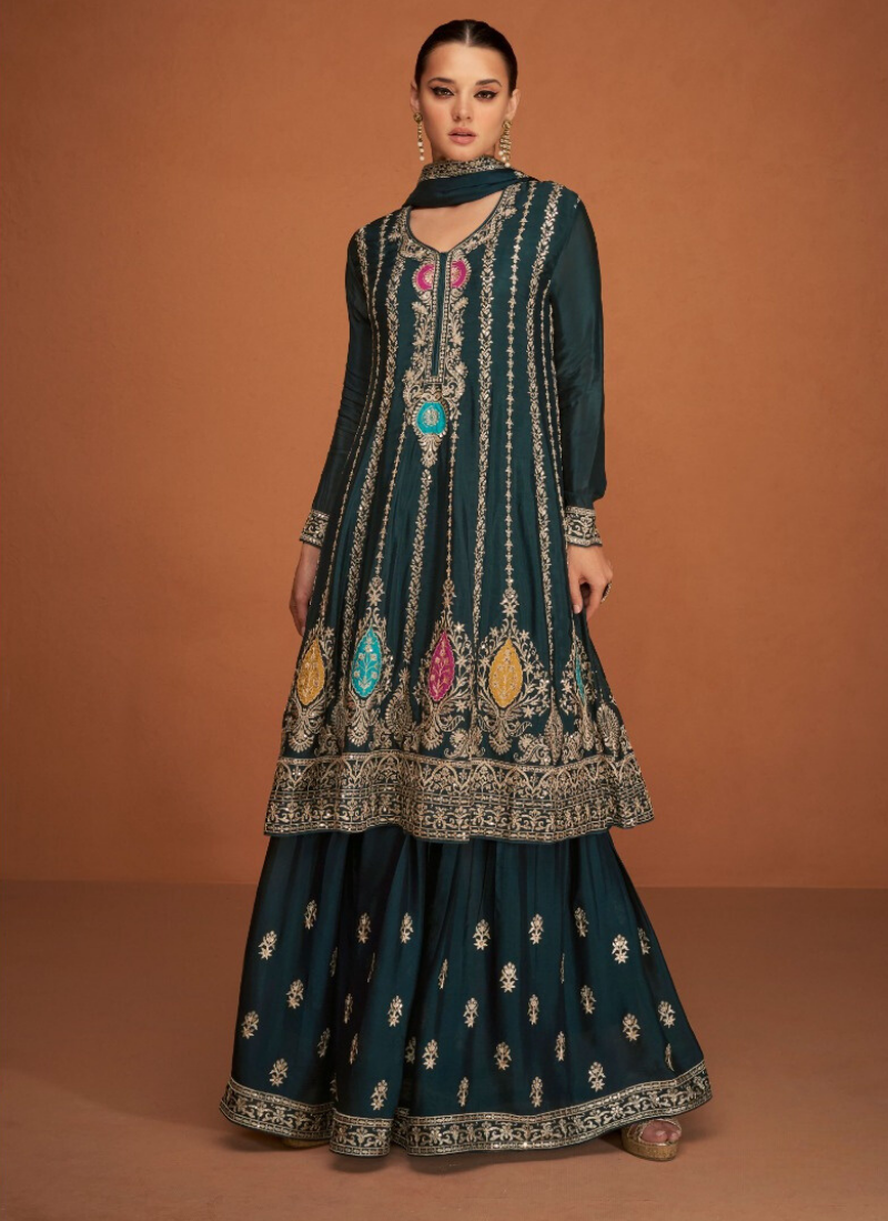 Embroidered Chinon Silk Straight Suit Set In Green