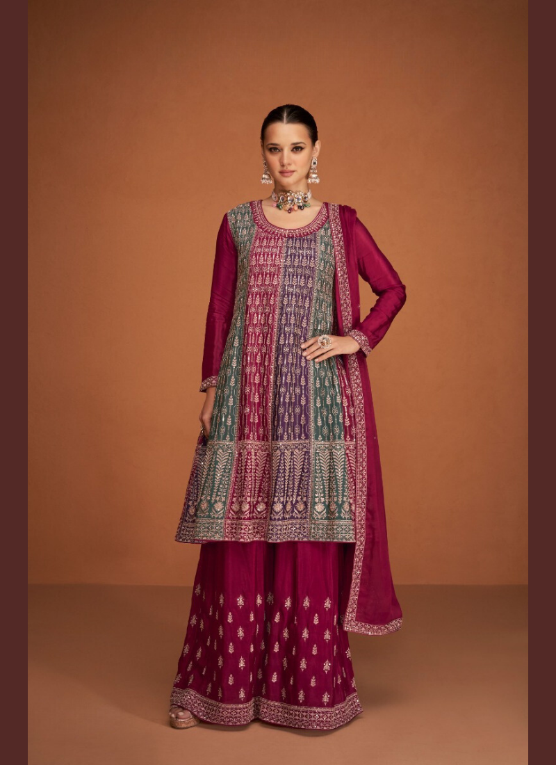 Embroidered Chinon Silk Straight Suit Set In