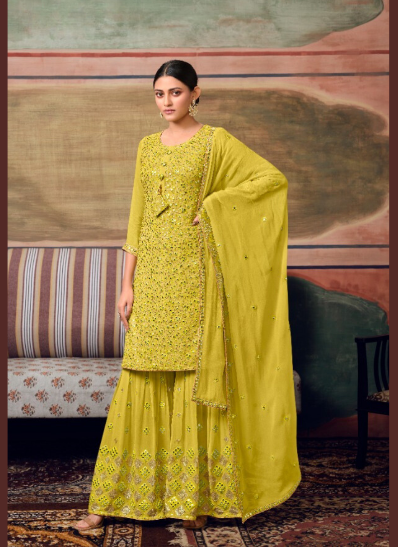 Embroidered Georgette Straight Suit Set In Mehndi Green