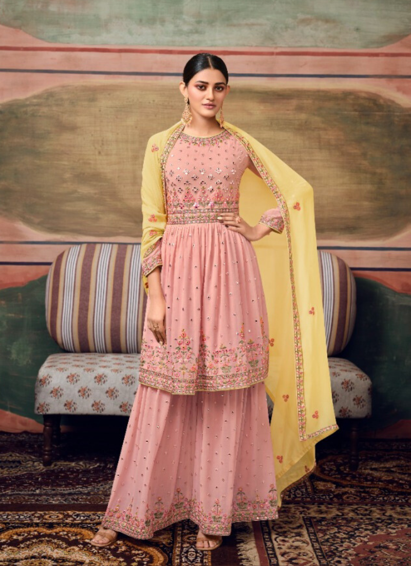 Embroidered Georgette Straight Suit Set In Pink