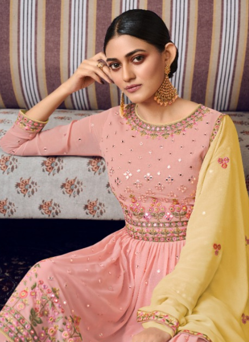 Embroidered Georgette Straight Suit Set In Pink