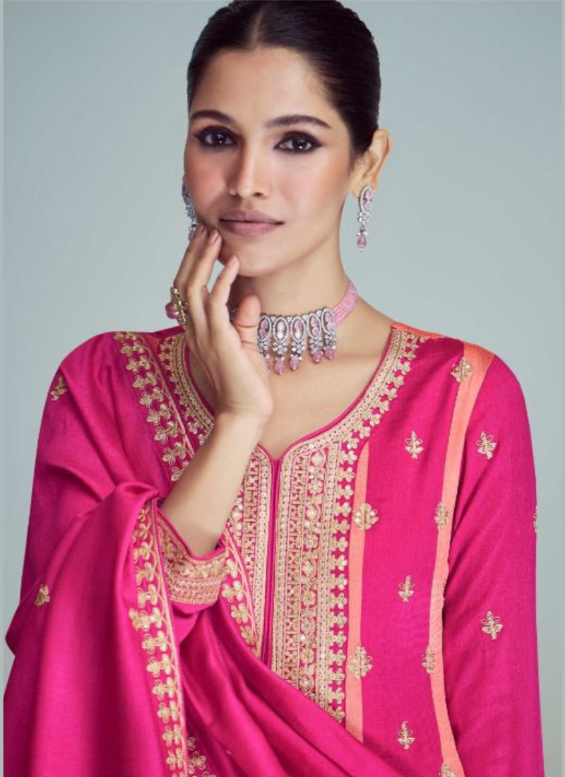 Embroidered Premium Silk Suit Set In Pink