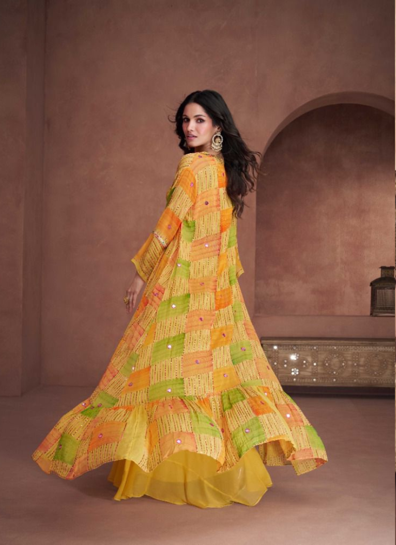 Sequinned Georgette Sharara Set With Shrug In Yellow
