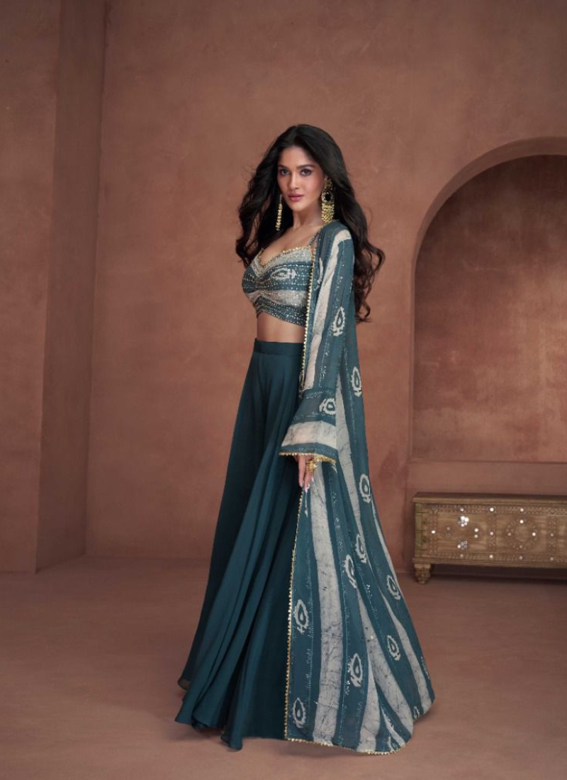 Sequinned Georgette Sharara Set With Shrug In Teal Blue
