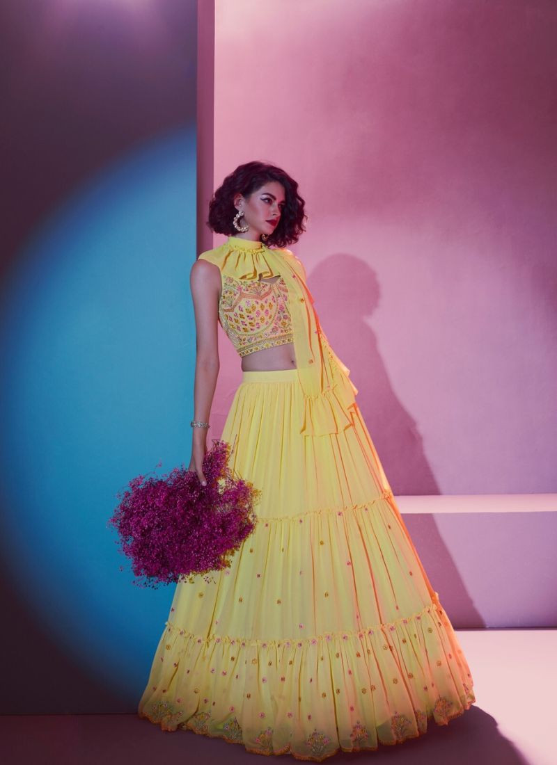Georgette Lehenga With Thread Work in Yellow