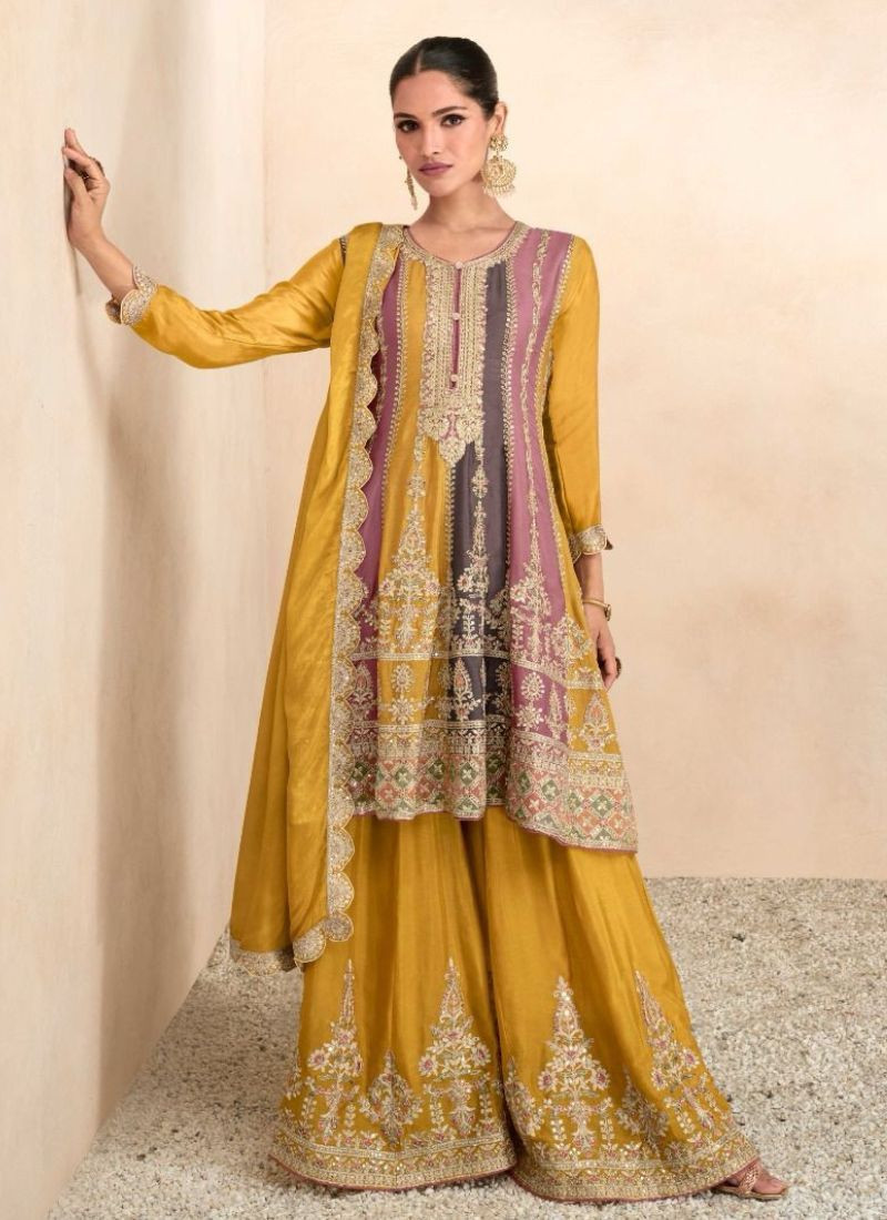 Embroidered Chinon Suit Set in Yellow