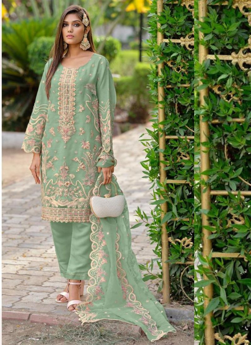 Embroidered Organza Straight Suit Set In Pastel Green