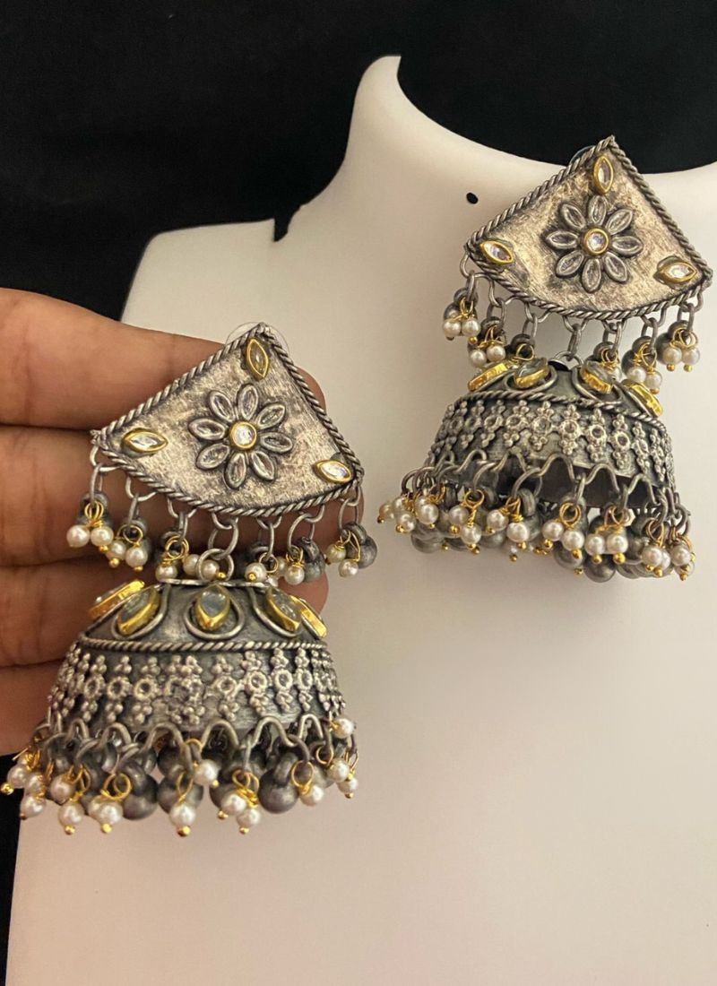 Beaded Oxidised Jhumka Style Earrings