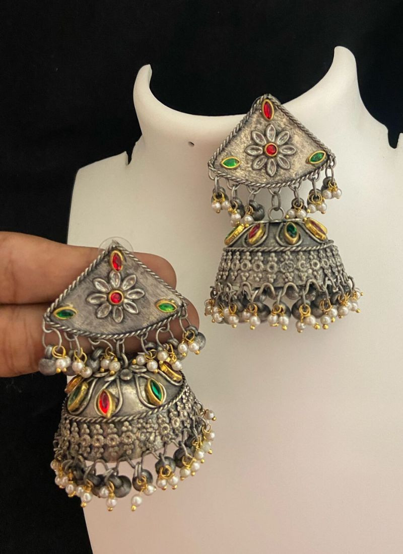 Beaded Oxidised Jhumka Style Earrings