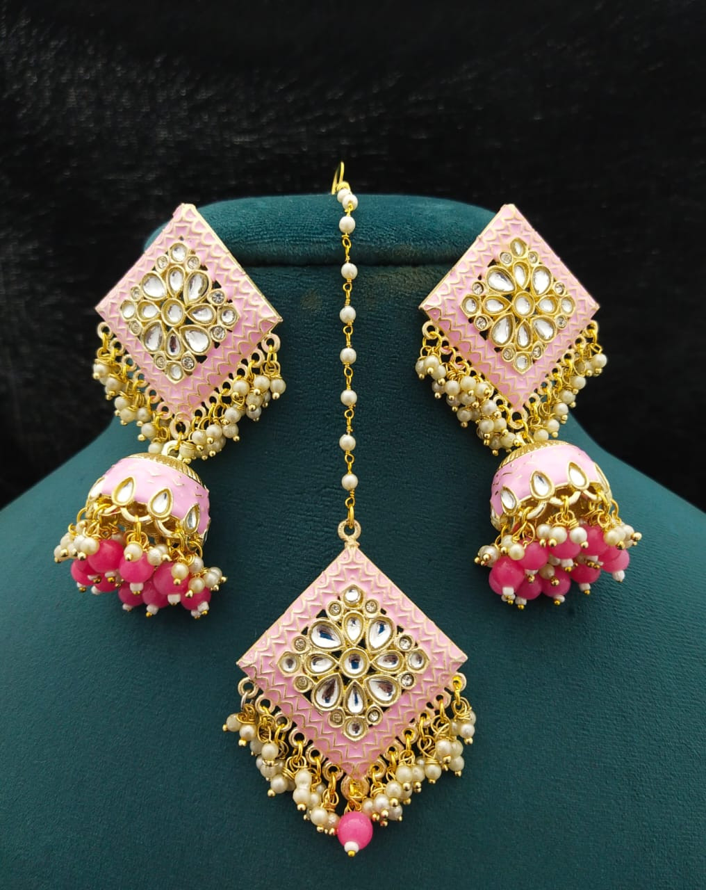 Beaded Jhumka Style Earrings with Maang Tikka