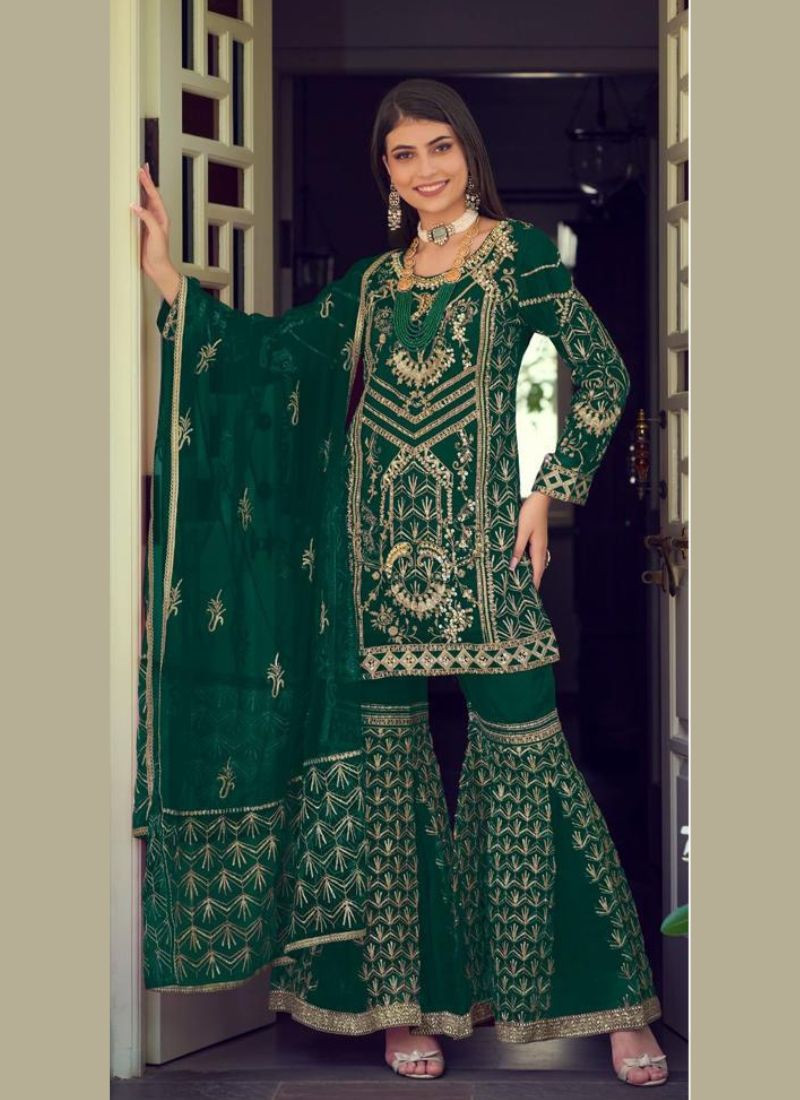 Embroidered Organza Suit Set In Green