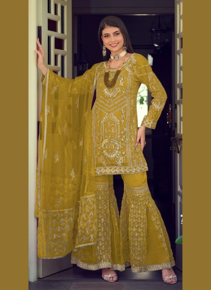 Embroidered Organza Suit Set In Mustard Yellow