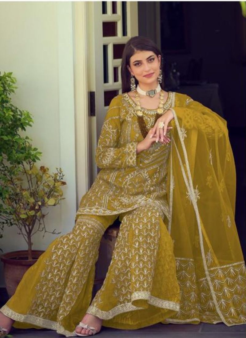 Embroidered Organza Suit Set In Mustard Yellow