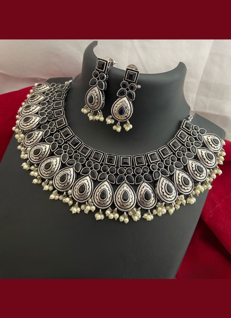 Oxidized Stone Studded Choker Necklace Set