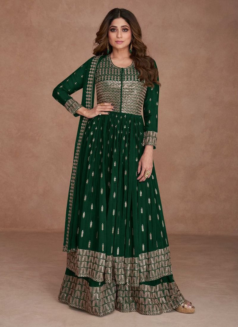 Embroidered Real Georgette Abaya Style Suit In Green