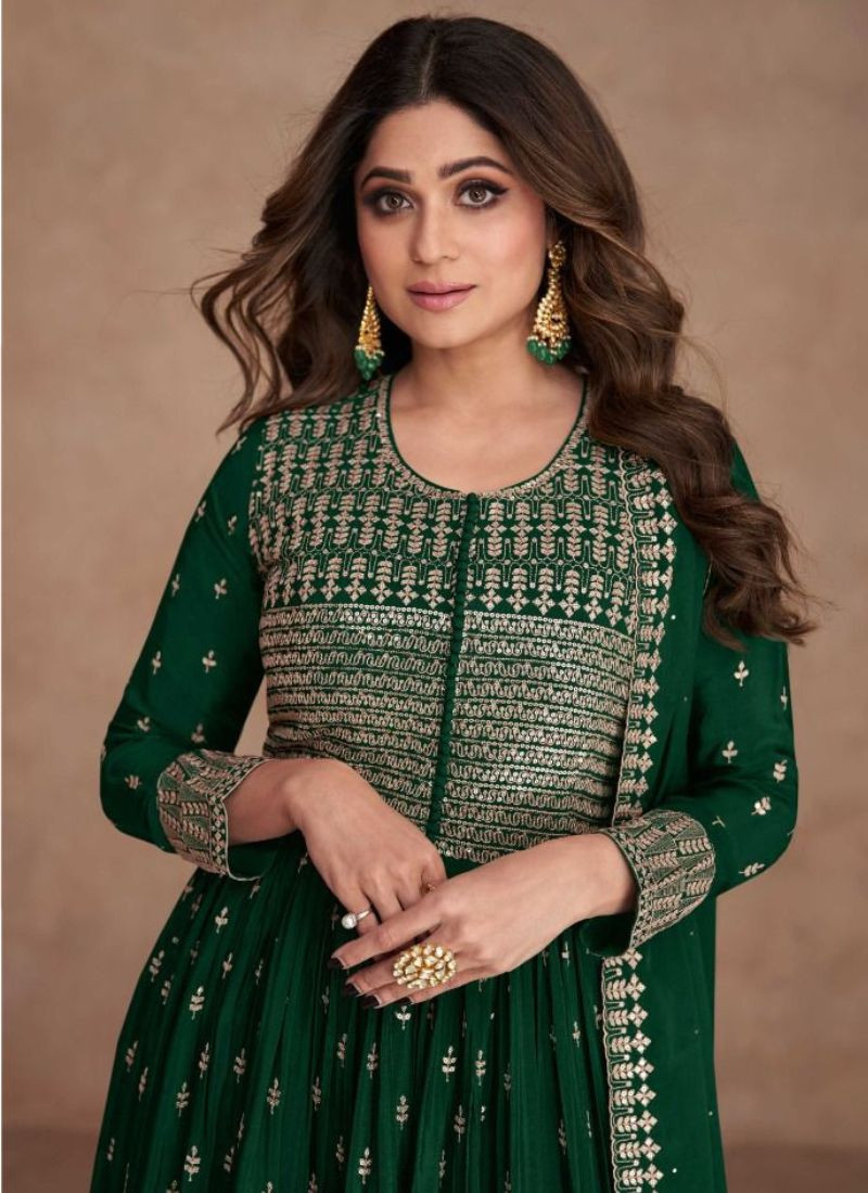 Embroidered Real Georgette Abaya Style Suit In Green