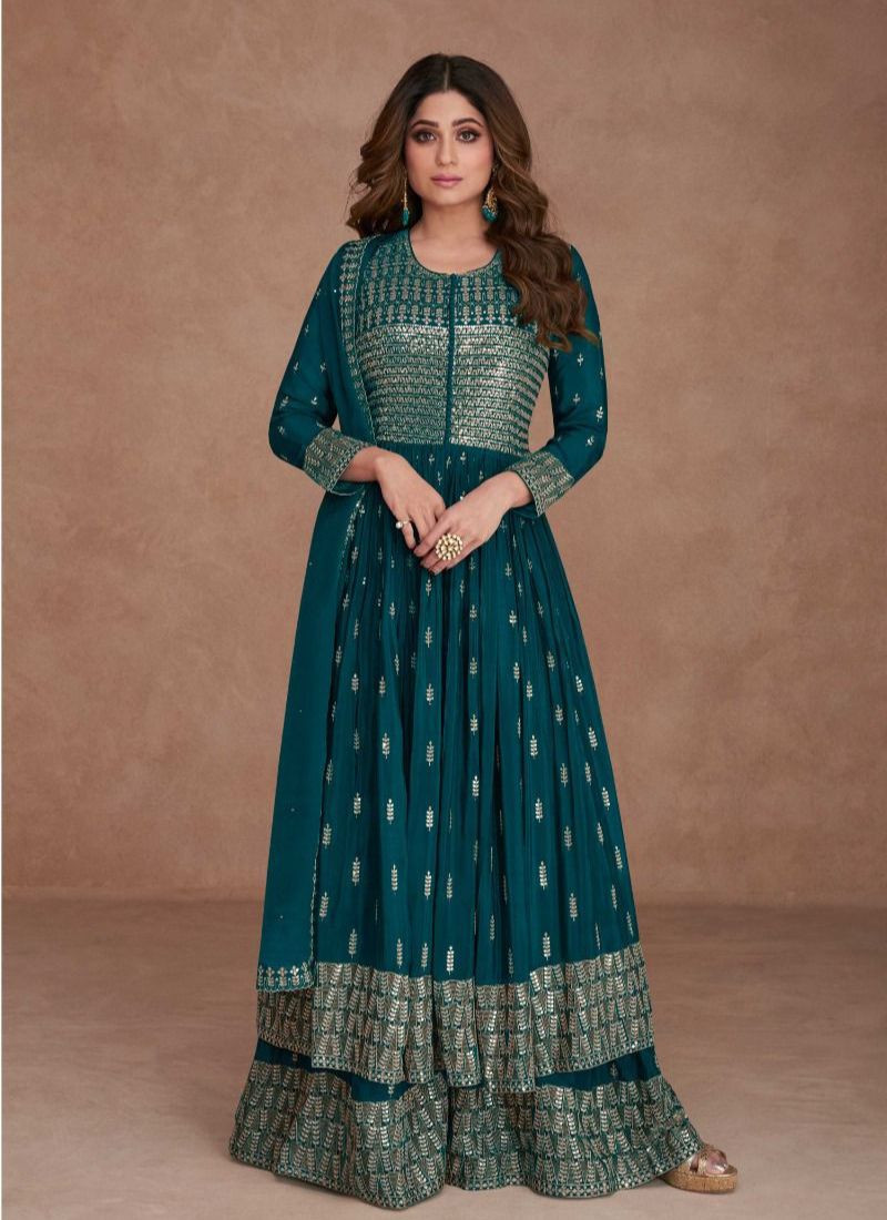 Embroidered Real Georgette Abaya Style Suit In Teal Blue
