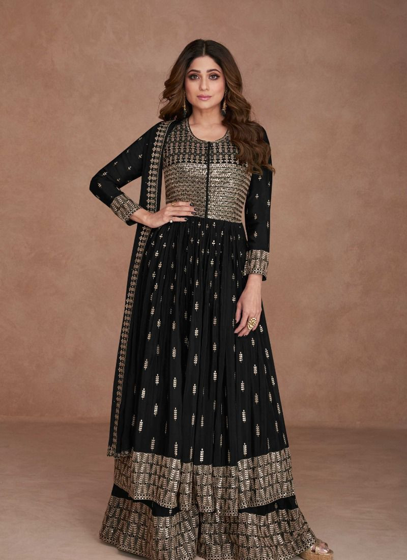 Embroidered Real Georgette Abaya Style Suit In Black