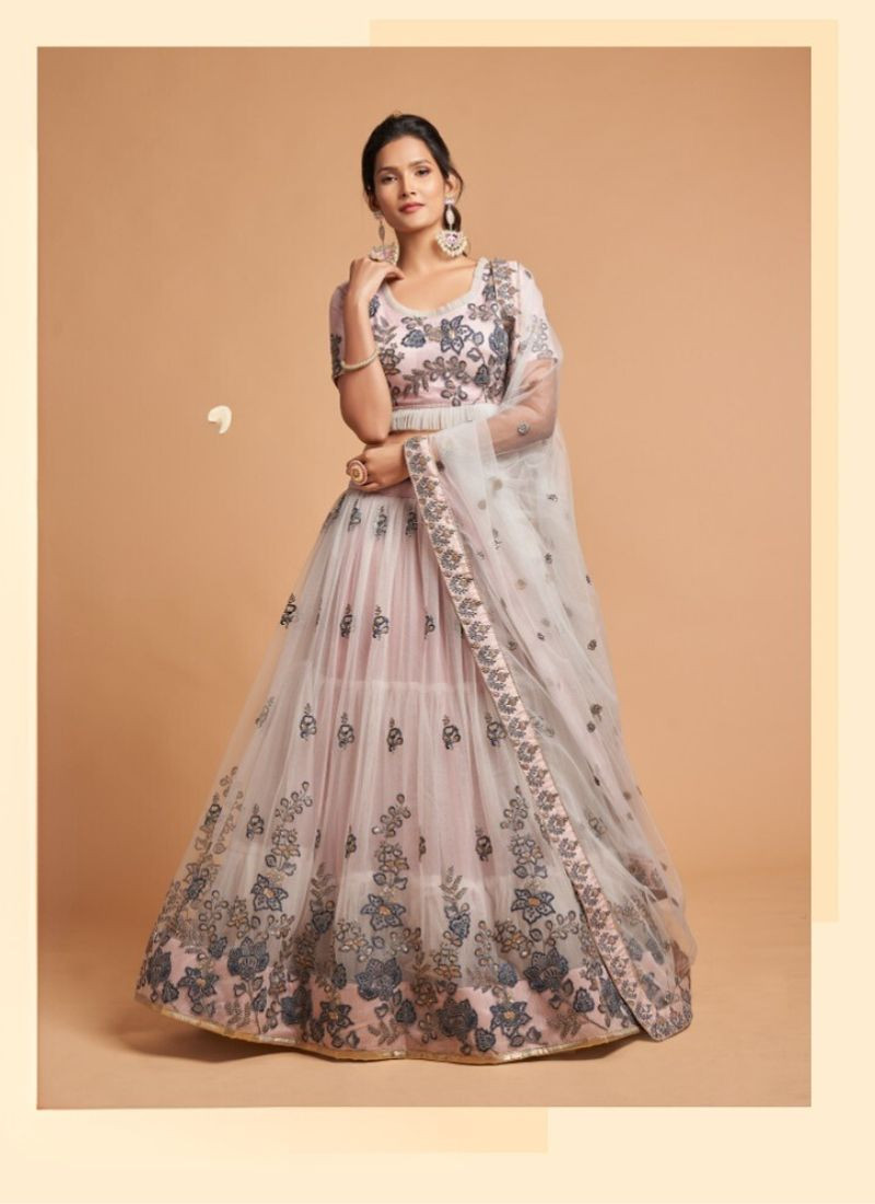 Embroidered Soft Net Lehenga in Clay