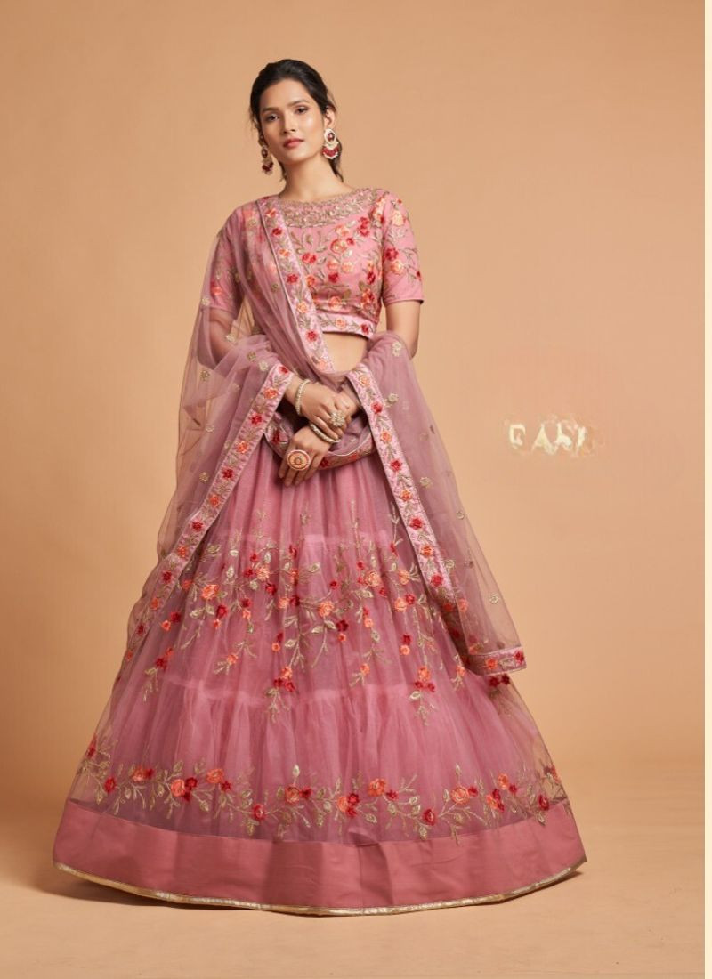 Embroidered Soft Net Lehenga in Dusty Pink
