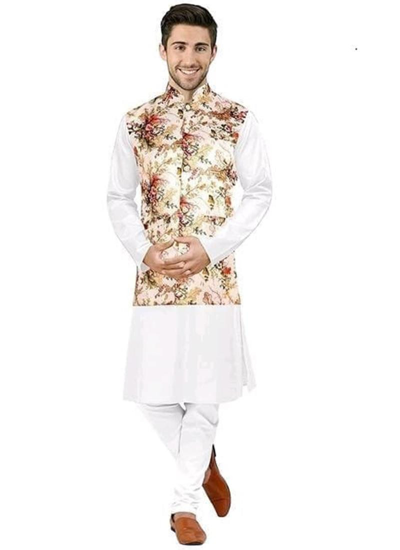 Satin Silk Party Wear Digital Printed Modi Jacket In Cream