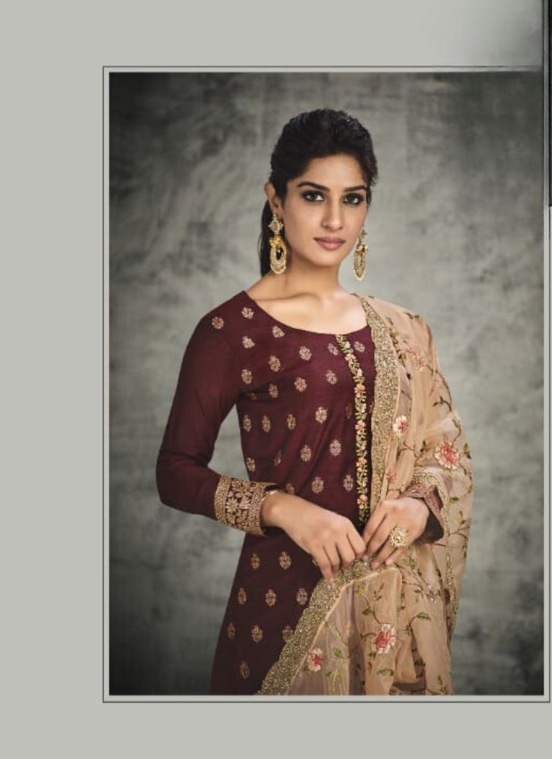 Jacquard Silk With Handwork Suit in Maroon