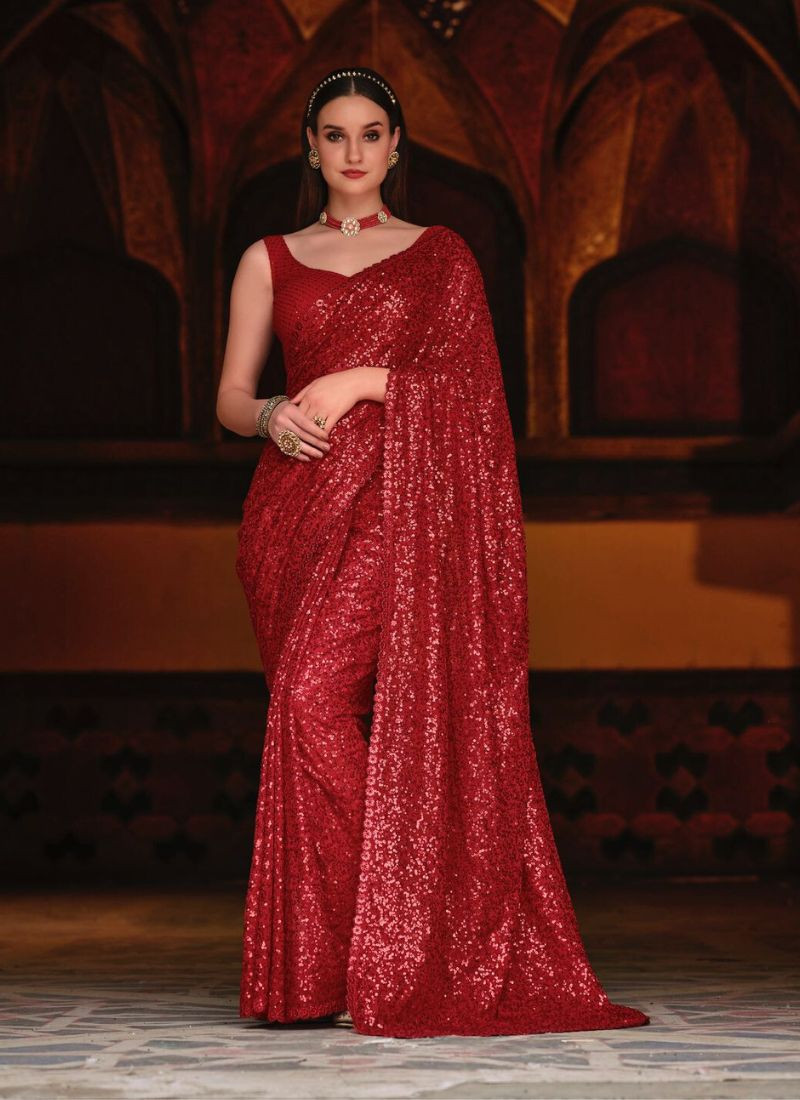 Sequinned Georgette Saree in Red