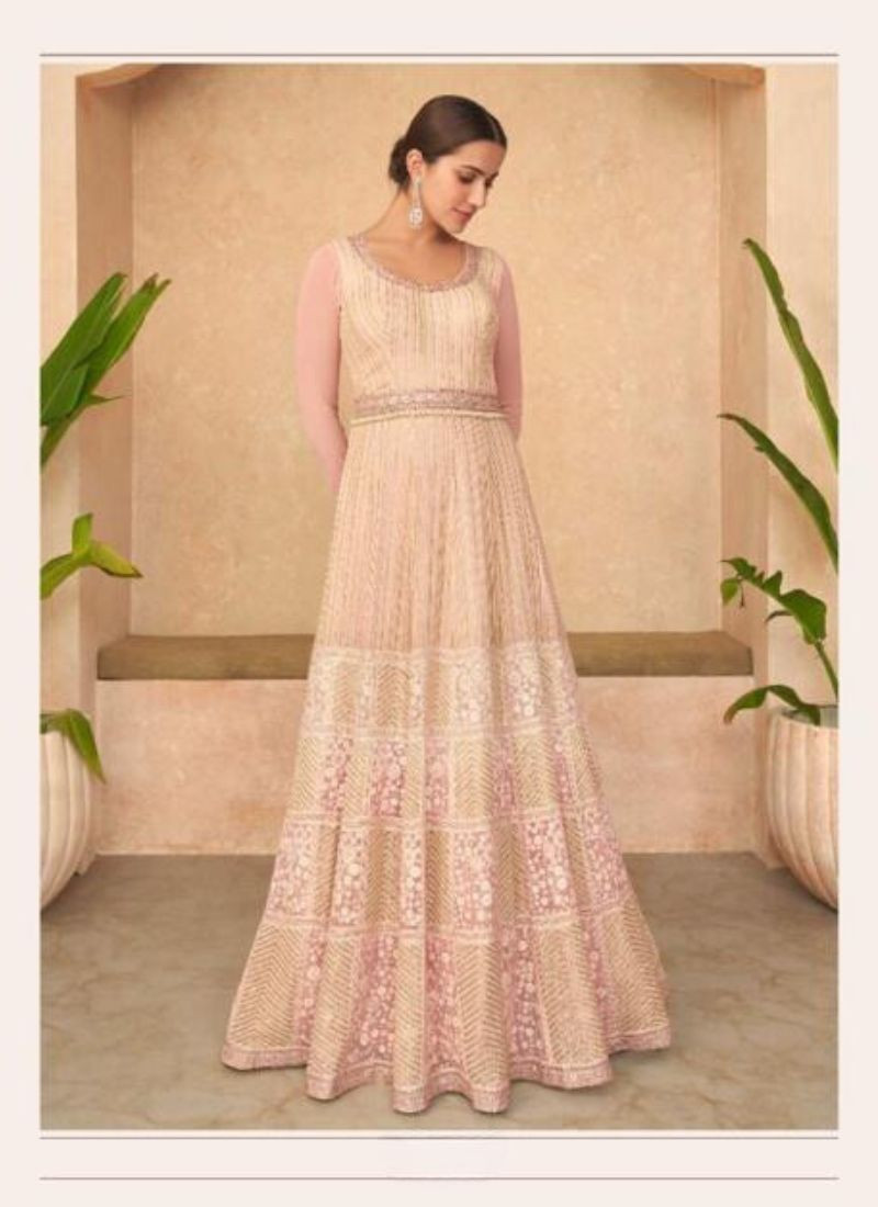 Embroidered Geogrette Gown With Dupatta in Beige