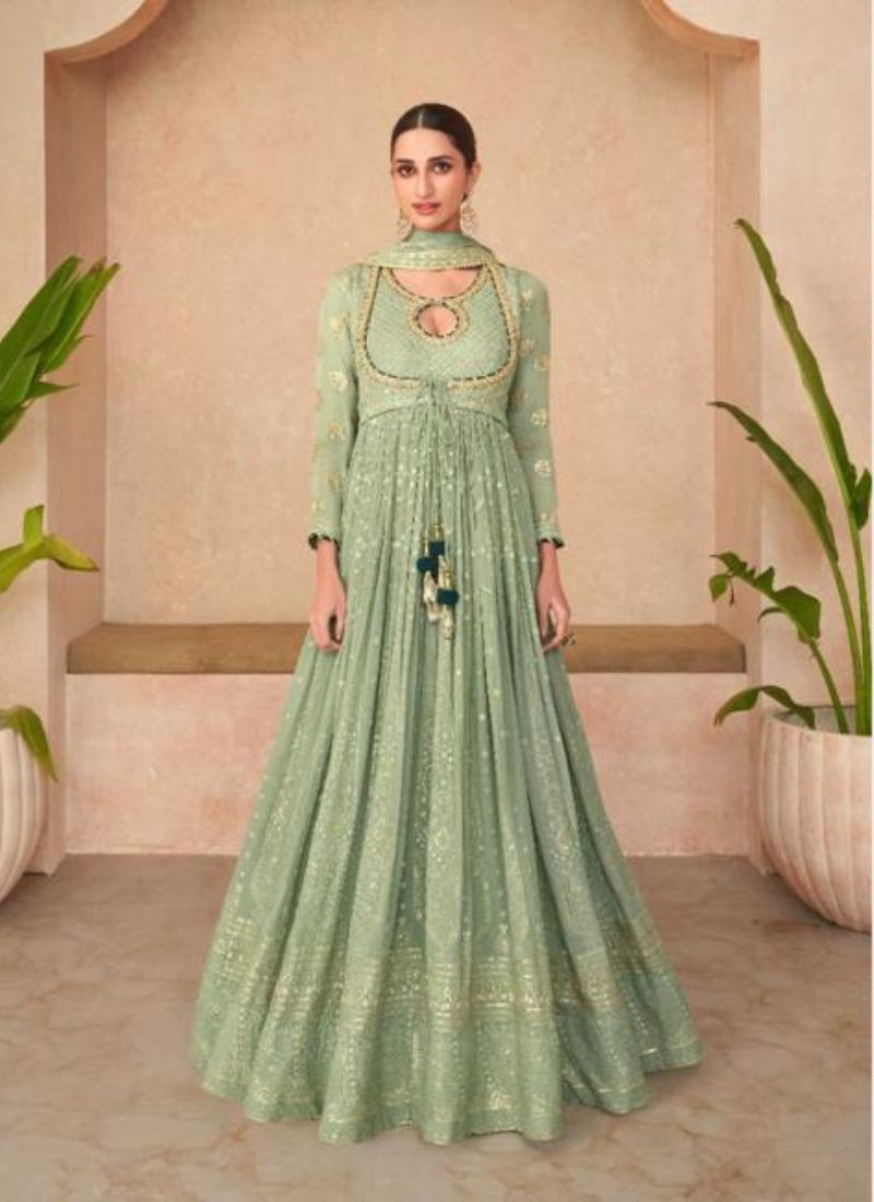 Embroidered Geogrette Gown With Dupatta in Pista